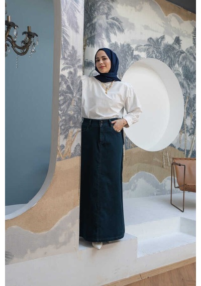 2254-denim Klasik Etek Petrol Petrol