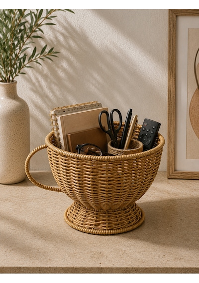 Hasır Rattan Fincan Model Sepet Düzenleyici Dekor Büyük Boy 16 20cm Açık Sarı