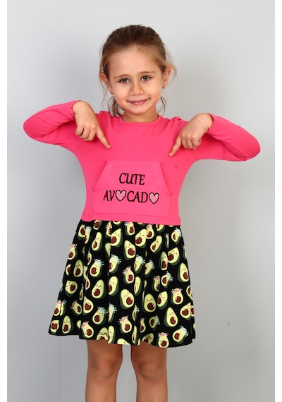 Toontoy Kız Çocuk Cute Avocado Naskışlı Eteği Desenli Elbise Fuşya