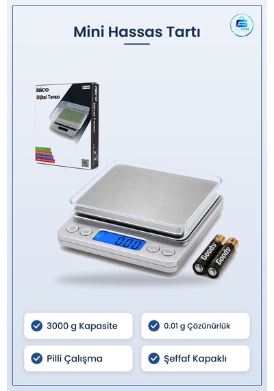 Hassas Tartı 3000g 0.01g Mini Dijital Terazi Şeffaf Kapaklı Pilli