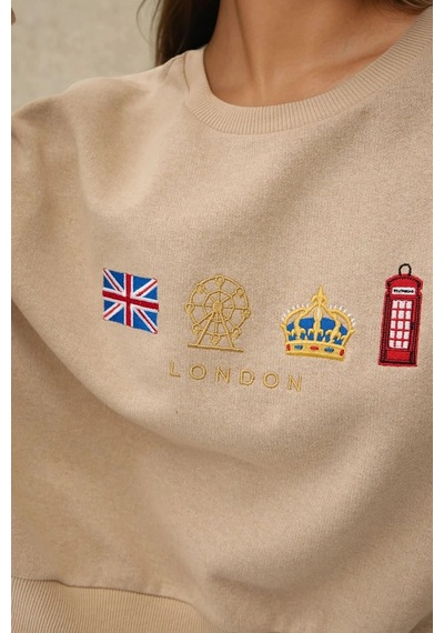 Hiccup İşlemeli Yuvarlak Yaka Sweatshirt Natural