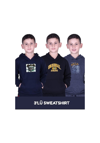 Fyk Kids 3'lü Erkek Çocuk Baskılı Cepli Kapüşonlu Sweatshirt Çok Renkli