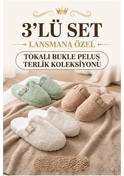3 Lü Avantajlı Paket Kışlık Peluş Desenli Sessiz Ortopedik Taban Çeyiz Misafir Ev Terliği Seti 3 Lü Snow