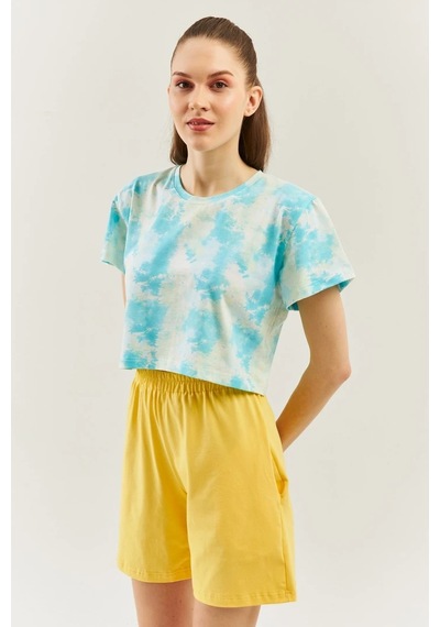 Kadın Oversize Rahat %100 Pamuklu Penye Bisiklet Yaka Kısa Kol Basic Crop T-shirt Batik Doğa