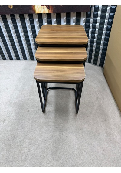 3 Lü Zigon Sehpa Seti Metal Ayaklı Ahşap Desen Tabla Modern Tasarım Amalfi Cevizi