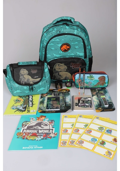 X Dekomus "t-rex Force Collection" Jurassıc World Lisanslı Okul,beslenme Ve Kalem Çantası Kırtasiye Seti Altın