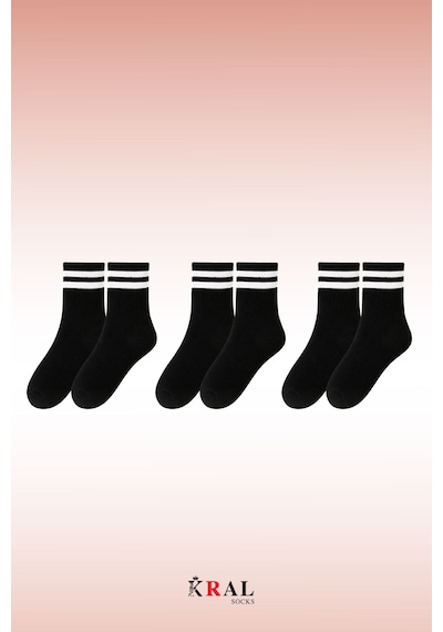 Kral Socks Erkek Kadın 3 Çift Çizgili Kolej Tenis Çorabı Pamuklu Terletmez Çorap Siyah