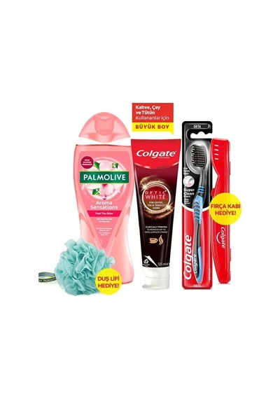 Colgate Diş Macunu 125 ML + Orta Diş Fırçası + Palmolive Aroma Sensations Duş Jeli 500 ML+ Duş Lifi & Fırça Kabı
