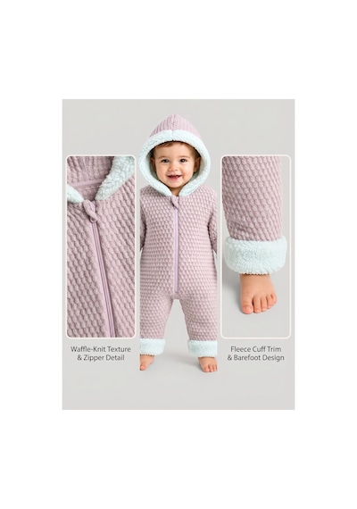 Tatlı Unisex Bebek Örgü Triko Tulum Welsoft Peluş Manşetli Kapüşonlu Fermuarlı Kışlık Bebek Kozmonot Tulumu Lila