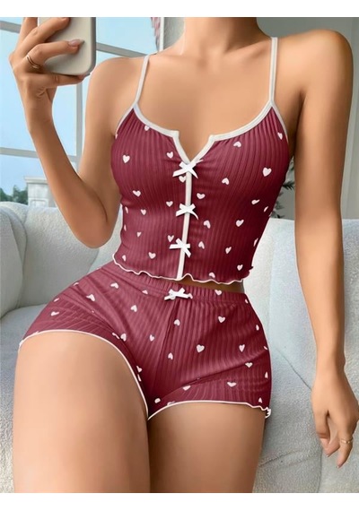 Red Womans Pamuklu Kahverengi Üstüne Beyaz Kalp Desen Fitilli Askılı Şortlu