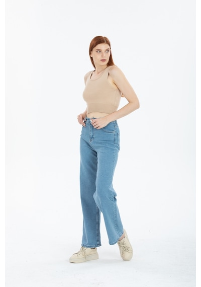 90's Kar Yıkama Kar Mavi Likralı Süper Yüksek Bel Wide Leg Salaş Jeans Palazzo Pantolon