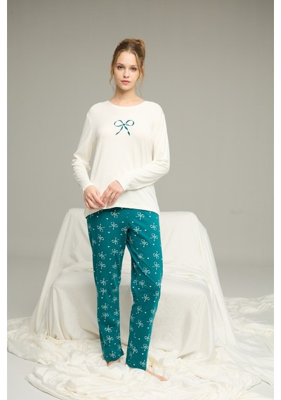 Siyah İnci Pamuklu Bisiklet Yaka Örme Pijama Takım25241159 Ekru