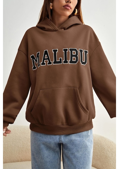 Malıbu Baskılı Oversize Sweatshirt Kahverengi
