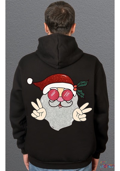 Bumeta Yılbaşı Santa Noel Baba Peace Sweatshirt Unisex Kapüşonlu Hoodie Siyah