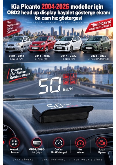 Kia Picanto 2004-2026 Modeller İçin Obd2 Head Up Display Hayalet Gösterge Ekranı Ön Cam Hız Göstergesi