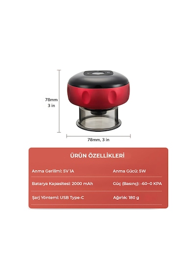 Smart Cupper Şarjlı Kupa Çekme Işık Hacamat Masaj Vakum Cihazı Kırmızı