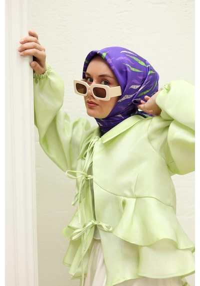 Silk Home Mor Yeşil Desenli Tivil İpek Eşarp 11432-20 Çok Renkli