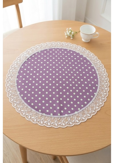 Lüks Fransız Güpürlü Yuvarlak Runner - Puantiyeli Sunum Ve Sofra Örtüsü 60 Cm Mor