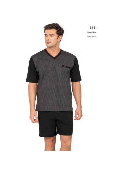 Pierre Cardin 6134 Erkek Kısa Kollu V Yaka 3'lü Jakarlı Pijama Takımı-siyah