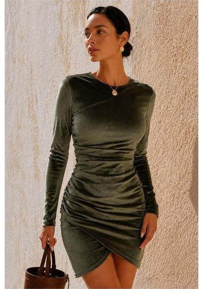 DefyModa Kadın Klasik Kadife Kumaş Bisiklet Yaka Mini Abiye Elbise Haki