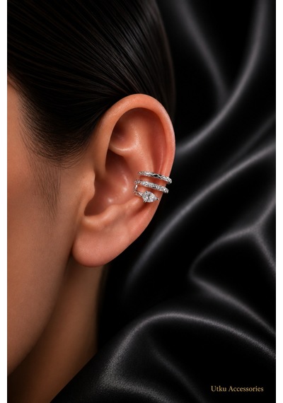Taşlı Yılan Desenli Kıkırdak Çelik Küpe Earcuff Gümüş