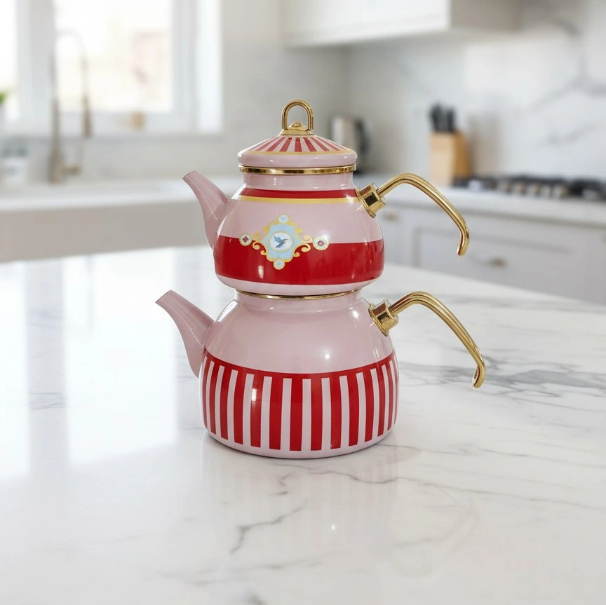 Bird Studio Pembe Renk Emaye Çaydanlık Takımı - 2 Lt. + 1 Lt. Pembe