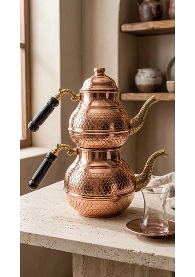 Aura Copper El İşlemeli Bakır Çaydanlık Seti 1 Mm Üst 850-950 Ml Alt 1850-1950 Ml 27 Cm Eskitme Bakır