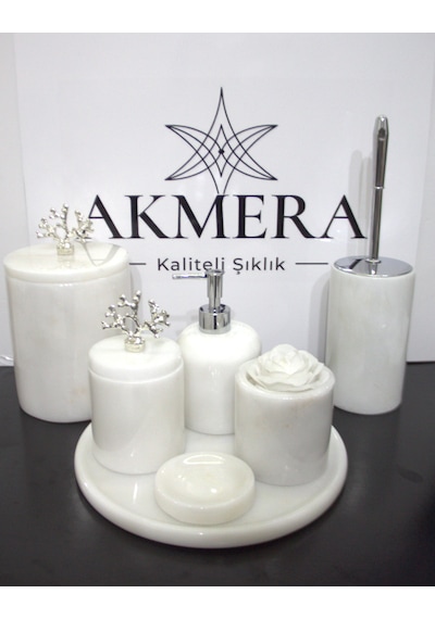 Beyaz Mermer Gümüş Mercan Detaylı 7 Parça Banyo Seti Beyaz