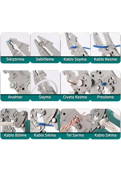 6511 Katlanır Çok Amaçlı 10 Fonksiyonlu Elektrikçi Kablo Soyma Kesme Pensesi