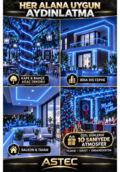 Astec Yapışkanlı 100 Metre Mavi 220v Silikonlu Şerit Led Yüksek Güç Tak Çalıştır İç Dış Mekân Su Geçirmez