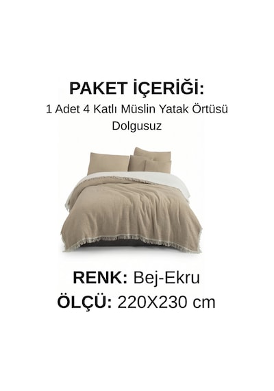 Natura Soft Ekru 4 Kat Müslin Çift Kişilik Yatak Örtüsü 220x230 Cm %100 Pamuk Çok Amaçlı Koltuk Örtüsü Ve Tv Battaniyesi Bej