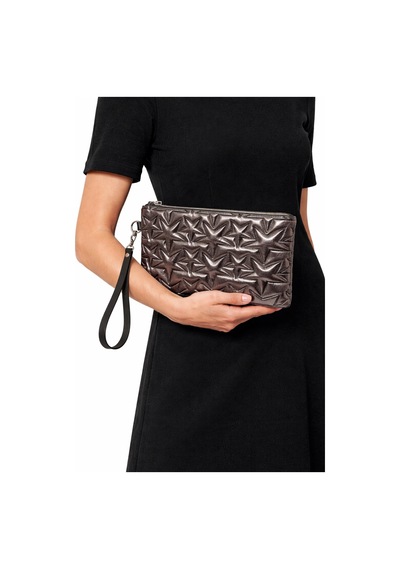 Adelina Bags Yıldız Nakış İşlemeli Portföy El Çantası Bilek Askılı Saten Astarlı Clutch Çanta Platin