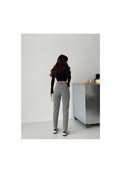 Kene Jeans Gri Kemer Büzgülü Çift Düğme Mom Kot Pantolon Gri