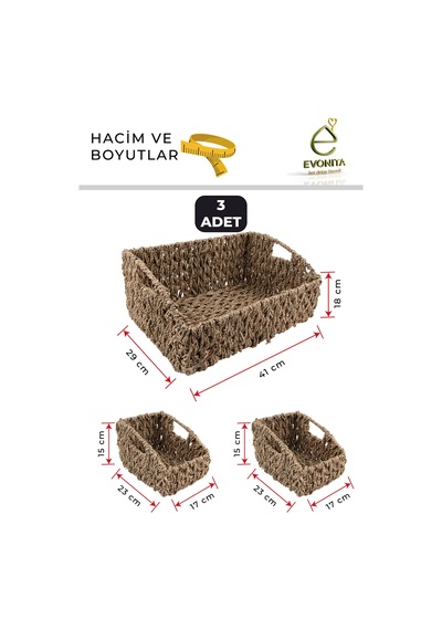 3'lü Rattan Düzenleyici Sepet Seti Büyük Küçük Hasır Görünümlü Organizer Saklama Sepeti Dekoratif Kahverengi