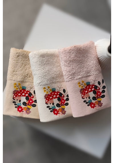 3'lü Mantar Baskılı Karışık Renkli Misafir Havlu Takımı - Bambu El & Yüz & Mutfak Havlusu - 30x50 Cm Krem Krem
