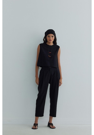 Suud Collection Siyah Lavin Sıfır Kol Keten Bluz