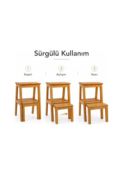 Gündays Home Merdiven Tabure Naturel Masif Gürgen Ağacı El Yapımı Naturek
