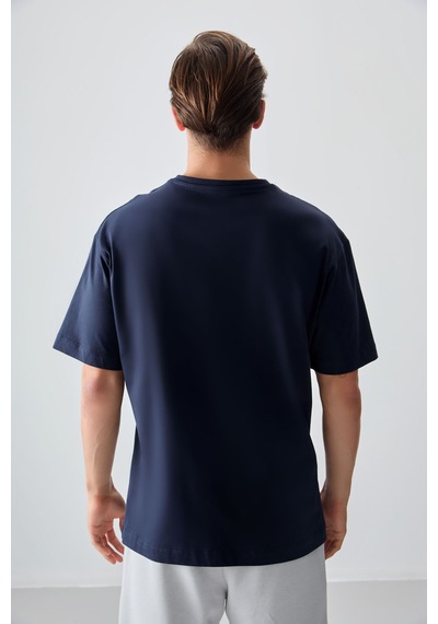 Air Jones Tommy Life Lacivert %100 Pamuk Kalın Yumuşak Dokulu Oversize Fit Baskılı Erkek T-shirt - 88355 Lacivert