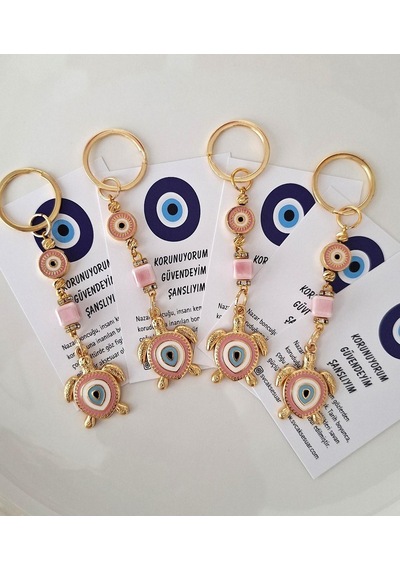 Hediyelik Nazar Boncuklu Şeker Pembe Şans Kaplumbağa Anahtarlık 10,5 Cm