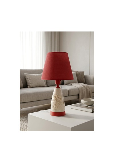 Işık Geçiren Porselen Abajur 49 Cm - Kırmızı, İpek Şapkalı Pa030101s