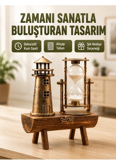 Vintage Kum Saati + Deniz Feneri Modeli Ahşap Gövdeli Masa Üstü Dekor Yeni Nesil 01 81663924