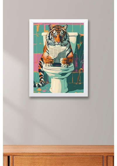 Tuvalette Gazete Okuyan Kaplan Çerçeveli Tablo - Pop Art Poster Tablo