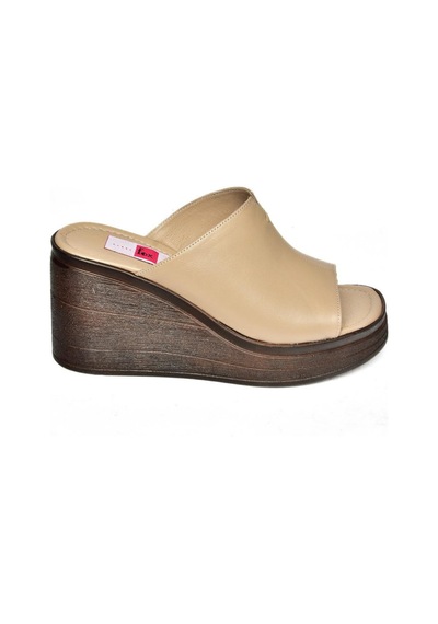 Fox Shoes P555961203 Vizon Hakiki Deri Dolgu Topuklu Kadın Terlik Vizon