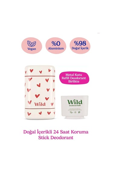 Wild %98 Natural Stick Deodorant Kutu + Refill Paketi - Love Heart Case + Pink Grapefruit & Lime 40 Gr