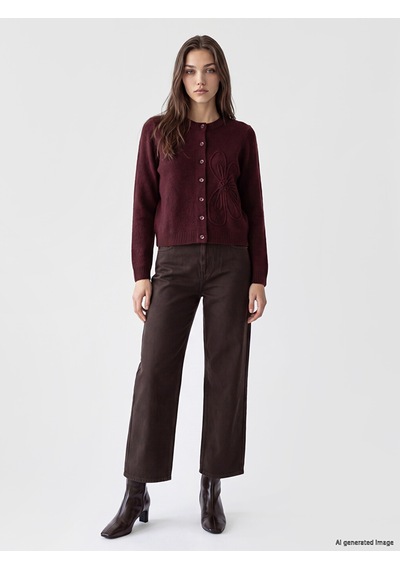 Lcw Modest Bordo Bisiklet Yaka Çiçek Nakışlı Kadın Triko Hırka