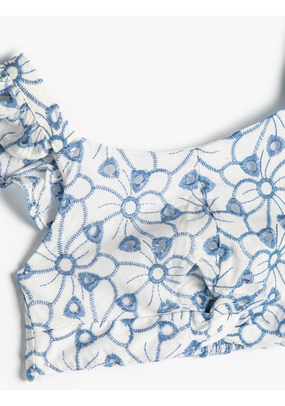 Koton Crop Bluz Askılı Fırfırlı Çiçek Desenli Fisto Detaylı Mavi 4skg60051aw Mavi