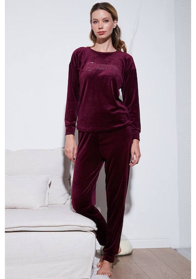 Lela Standart Fit Bisiklet Yaka Yumuşak Kadife Bayan Pijama Takımı 6094202 Mor