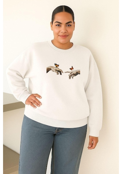Benroma 3 İplik Penye El Parmak Baskılı Büyük Beden Unisex Sweatshırt Beyaz