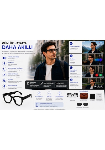 Aı Akıllı Gözlük Kameralı Bluetooth Gözlük Fotoğraf Video Çekimi, Sesli Asistan, Çeviri, Arama Ve Müzik Kontrollü