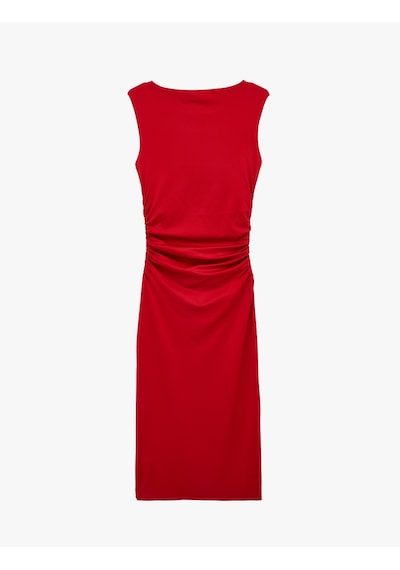 Koton Bisiklet Yaka Kolsuz Drape Detaylı Midi Boy Kalem Elbise Kırmızı 6sak80128ek